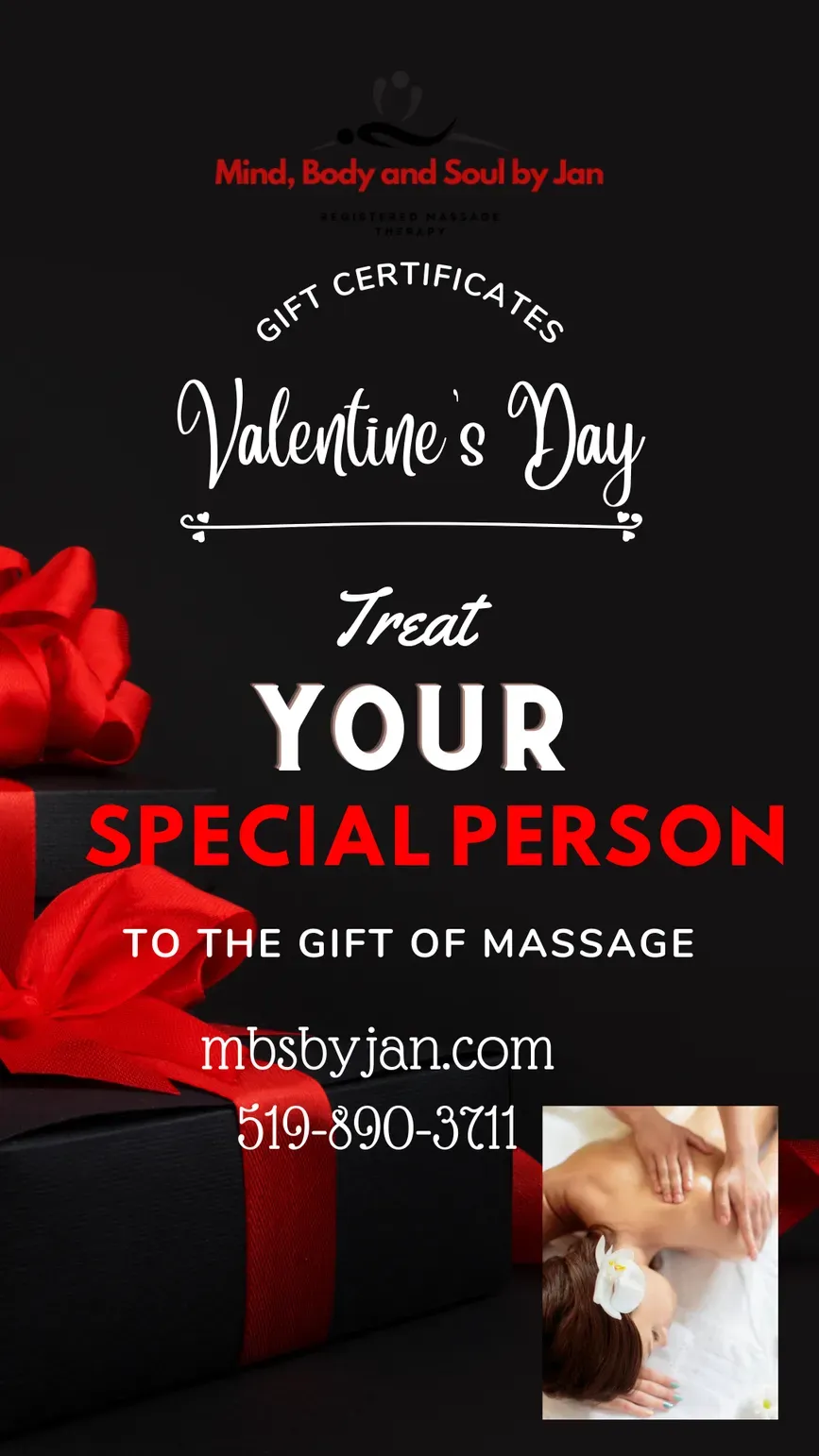 Black gift certificate for Valentine’s Day massage, with red ribbon and text: “Treat your special person”