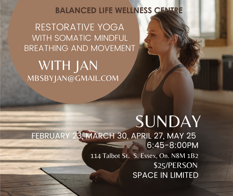 Yoga class flyer with seated woman, promoting restorative yoga with somatic mindful breathing and movement.