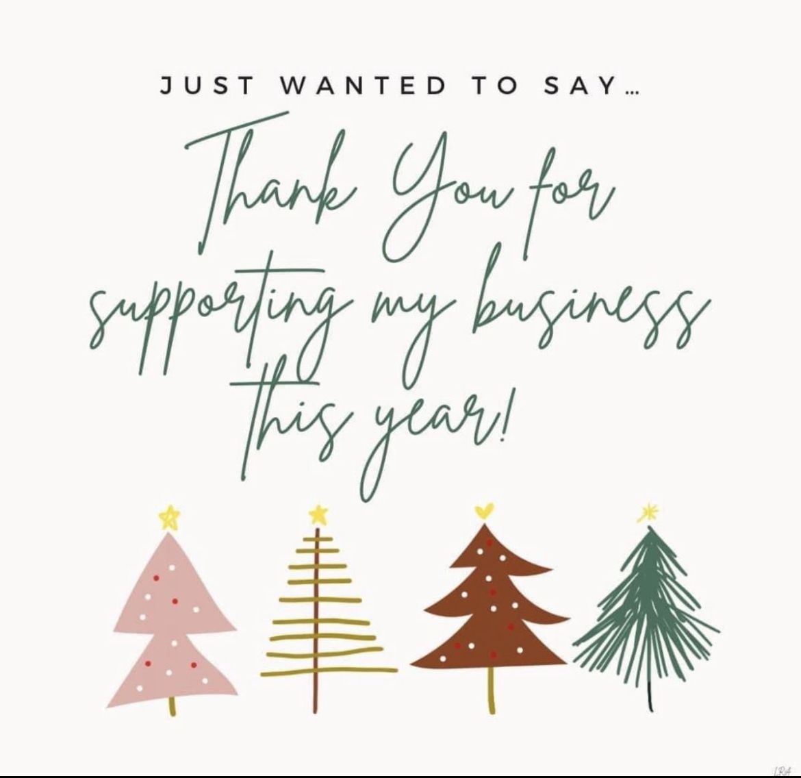 Holiday thank-you card with text and four festive Christmas trees in pink, gold, brown, and green