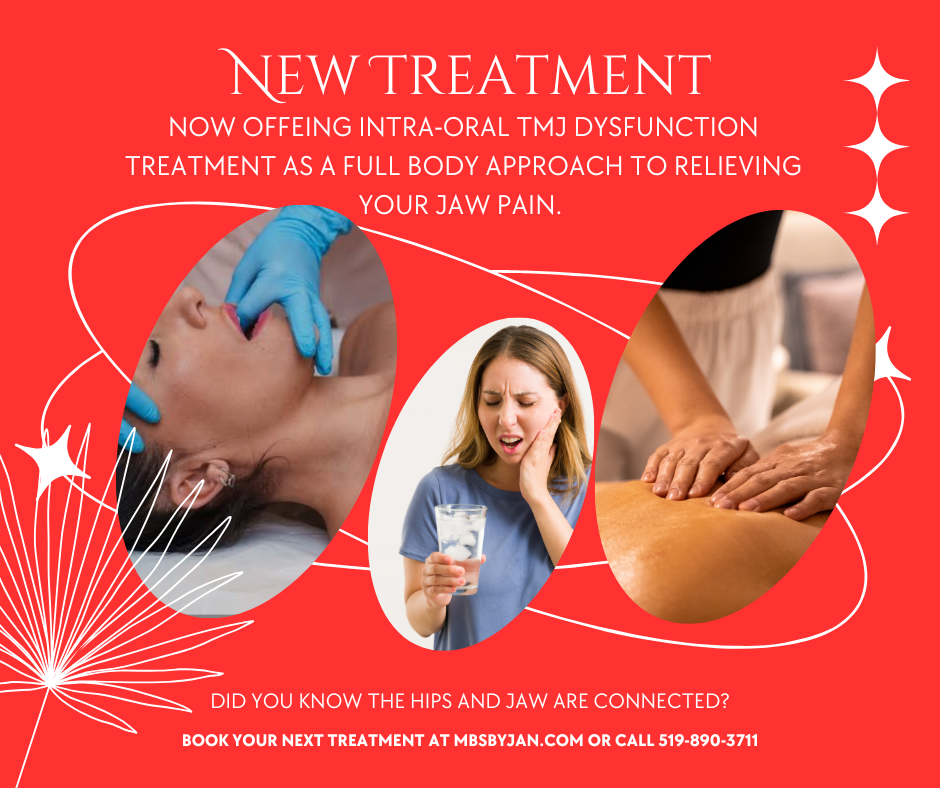 Red treatment ad for jaw pain with a woman, facial taping, jaw close-up, and massage images