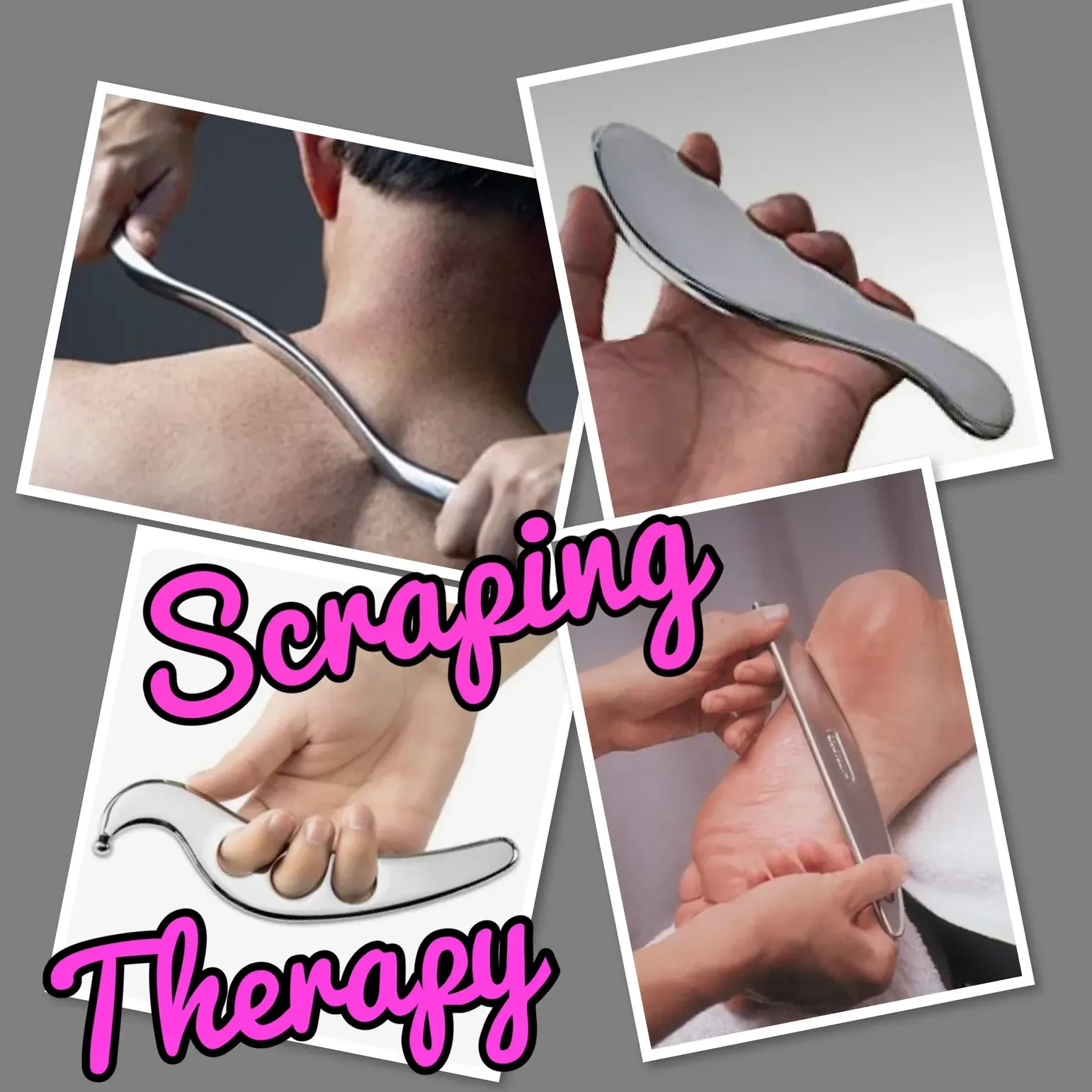 Collage showing scraping therapy tools being used on neck, shoulder, and arm, labeled “Scraping Therapy”
