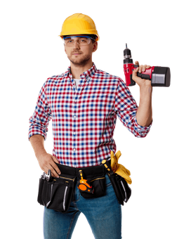 A n individual wearing a hard hat and holding a drill.