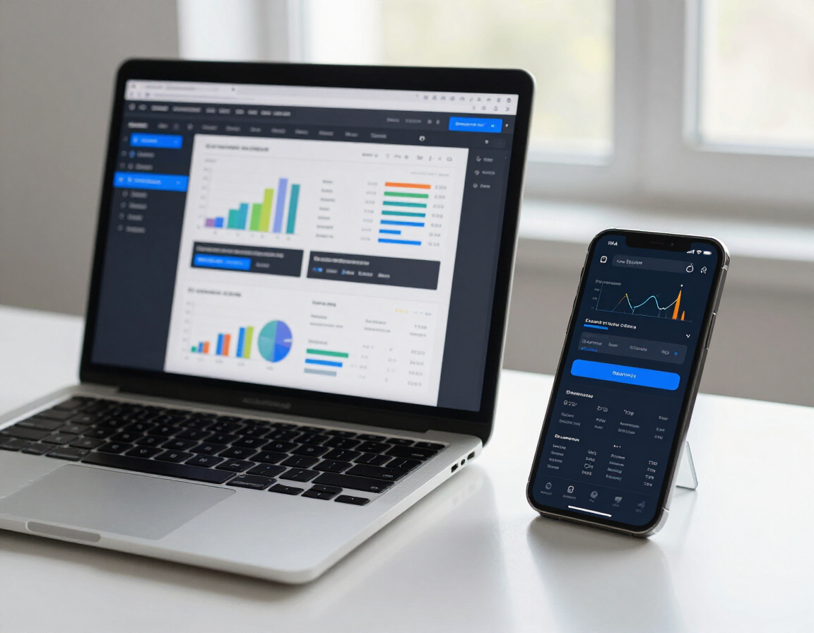 Laptop and smartphone showing website editor alongside analytics panel
