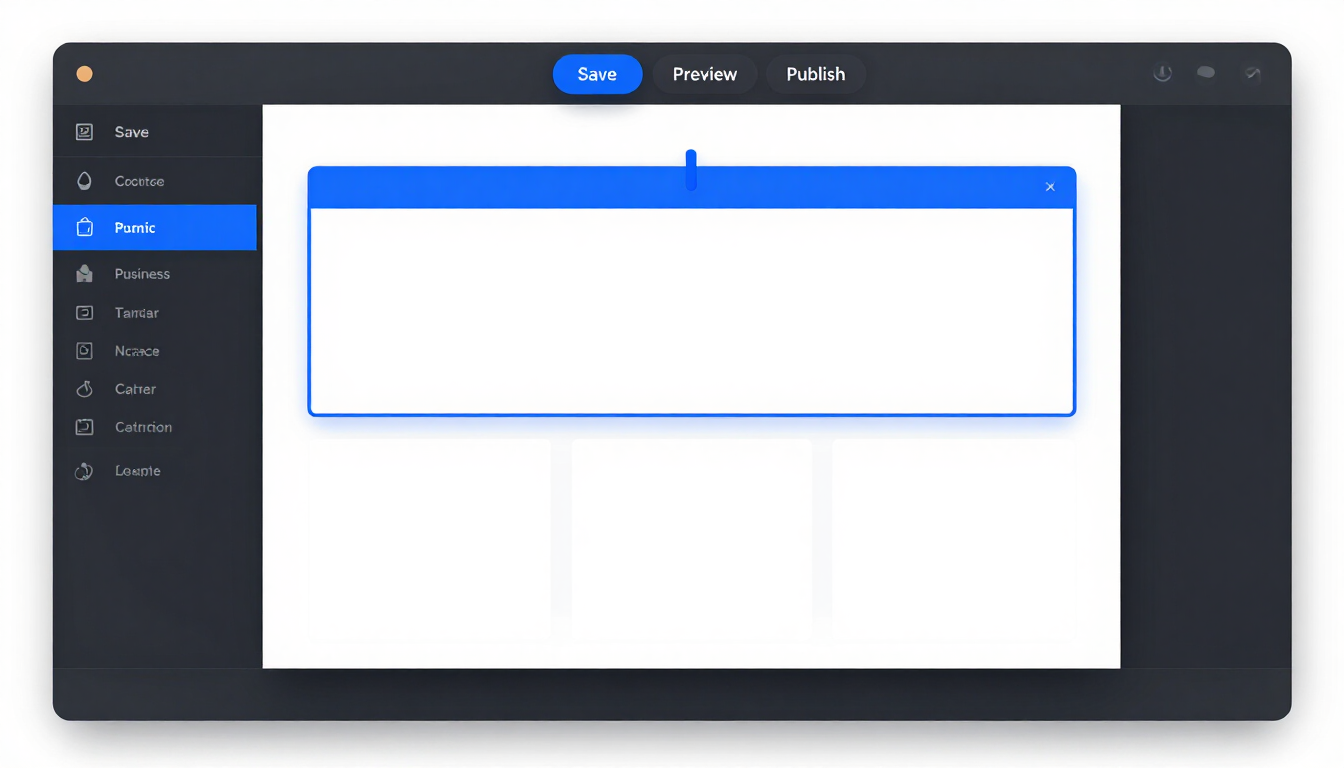 Kaboomasite editor interface showing widget panel, drag handles, and publish controls