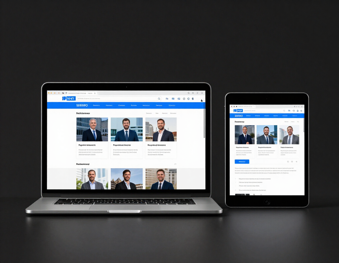 Laptop and tablet showing a professional website being built in the Kaboomasite editor