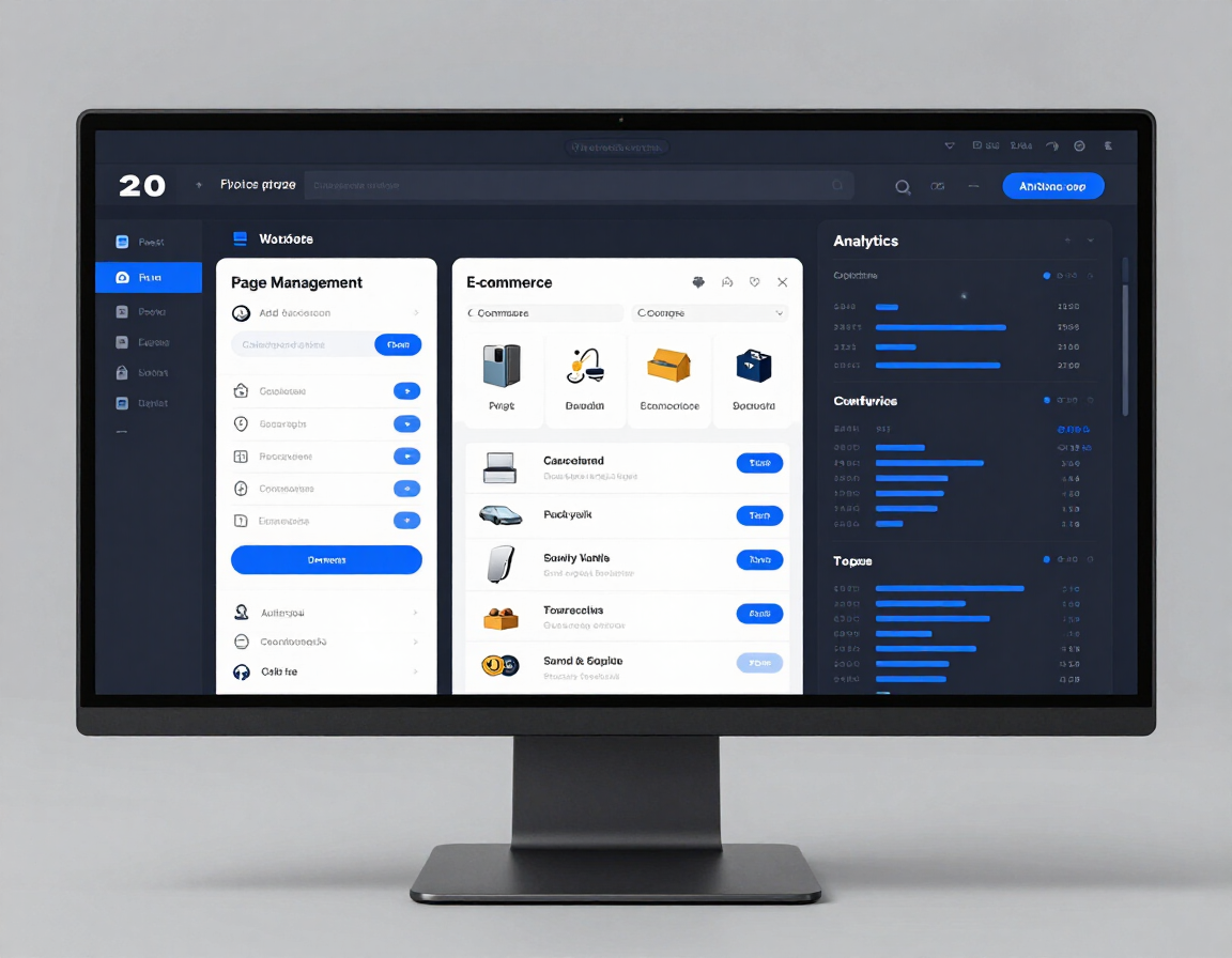 Kaboomasite dashboard showing page management, ecommerce, and analytics panels