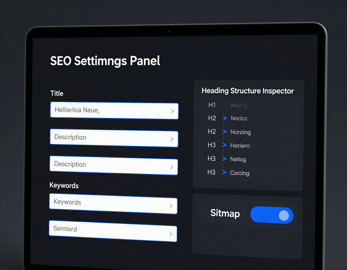 SEO settings panel showing metadata fields, heading structure inspector, and sitemap toggle