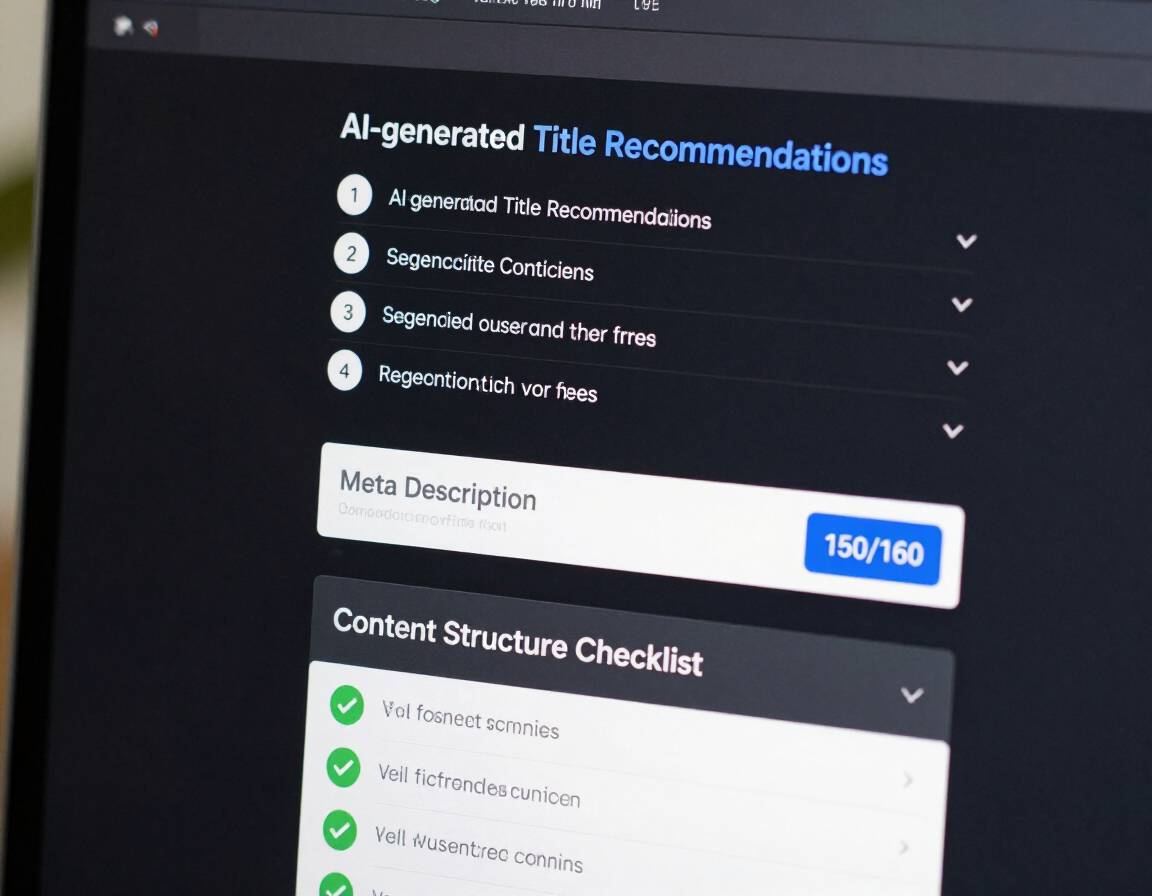 AI-powered SEO suggestions panel with title recommendations and content structure checklist