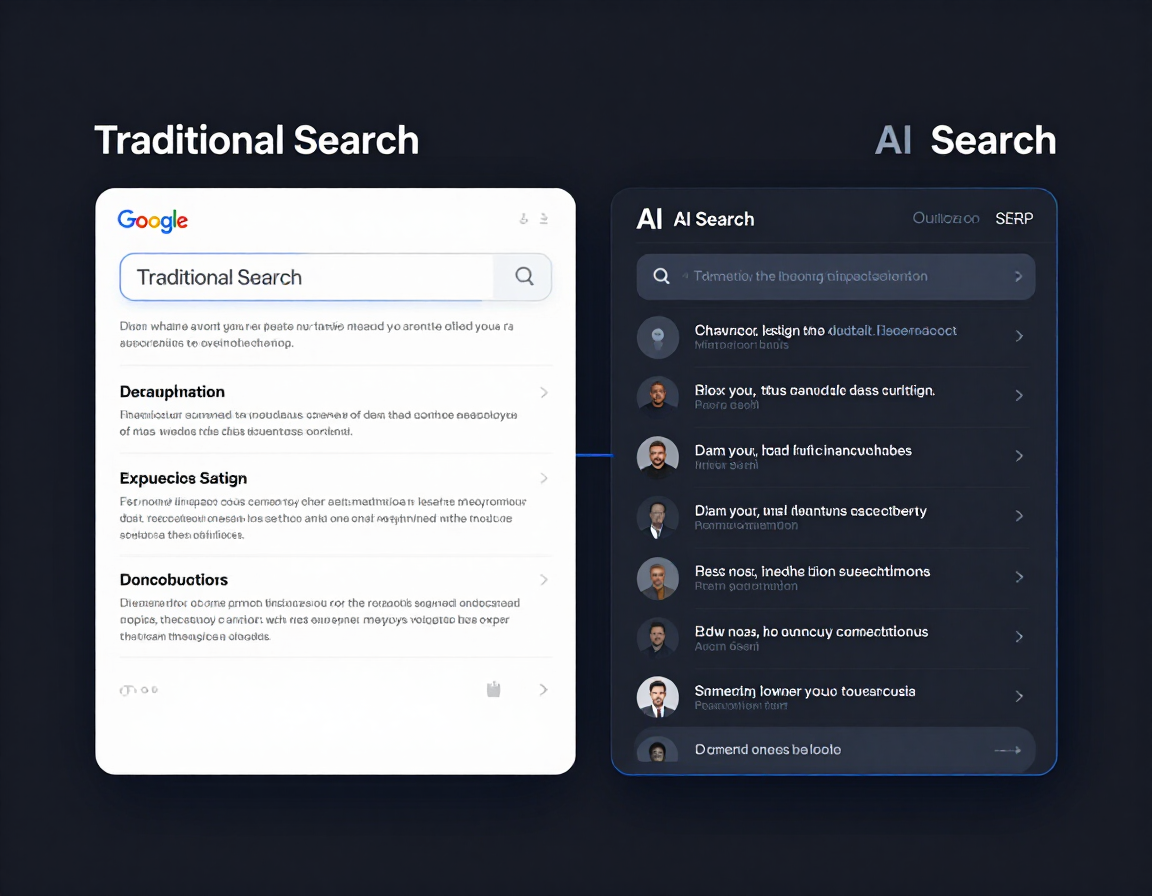 Split-view showing traditional search result and AI-powered search answer snippet side by side