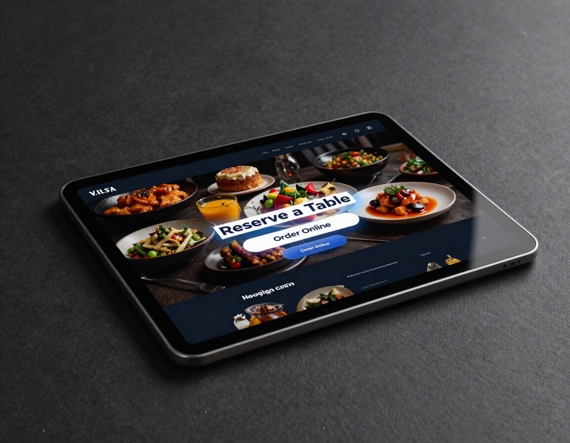 Restaurant website on tablet showing reservation and ordering CTAs