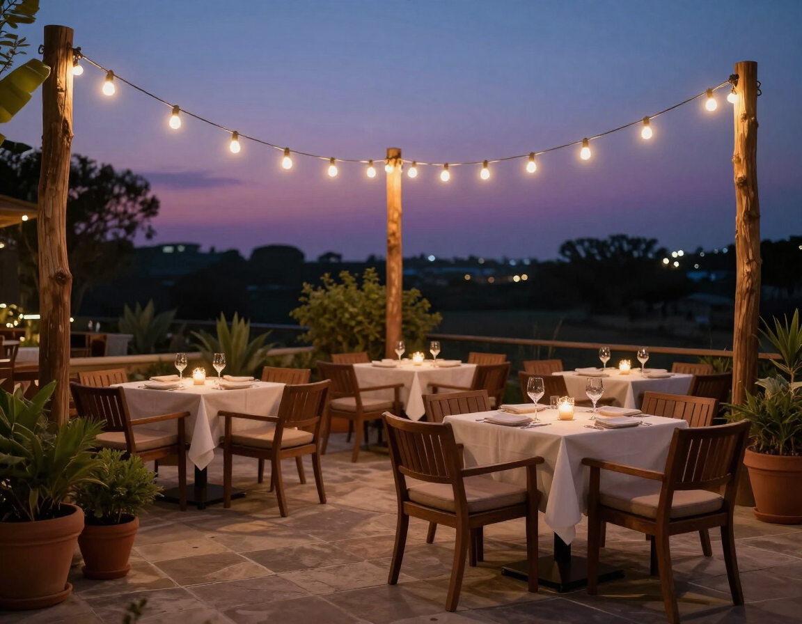 Outdoor patio at dusk