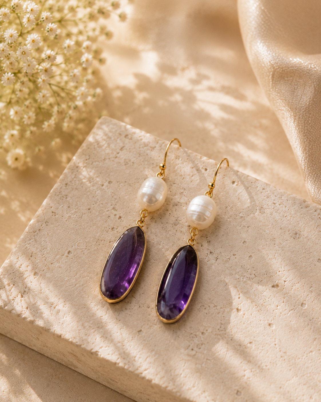 Gold hoop earrings resting on a white cushion.