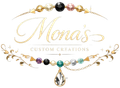 Monas Custom Creations logo with gold script and jeweled necklace accents