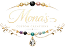 Monas Custom Creations logo with gold script and jeweled necklace accents