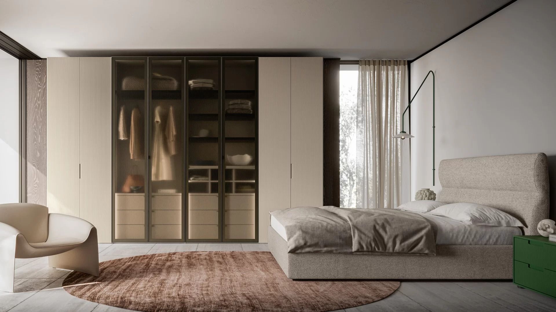 Una camera da letto con un letto, una sedia, un tappeto e un armadio.