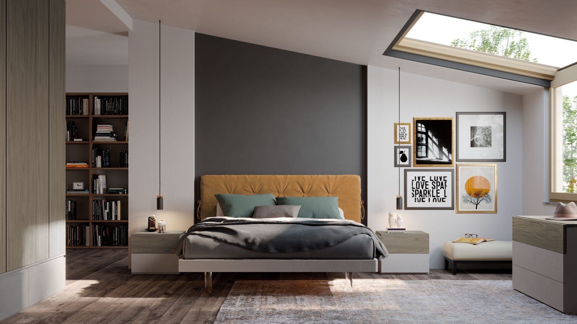 Una camera da letto con un letto, comodini e un lucernario.