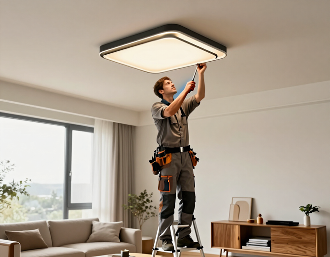 Electrician installing a ceiling light fixture