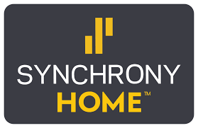 The logo for synchrony home is a gray and yellow logo.