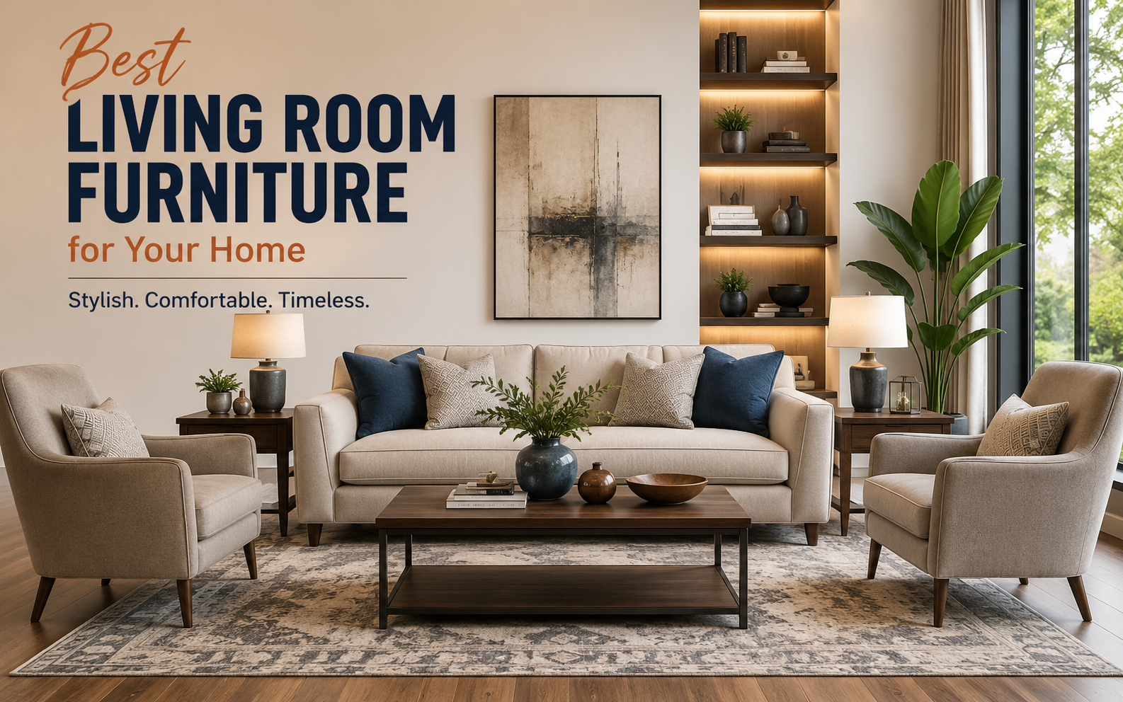 Stylish living room furniture arrangement with beige sofas, armchairs, coffee table, shelves, and indoor plants