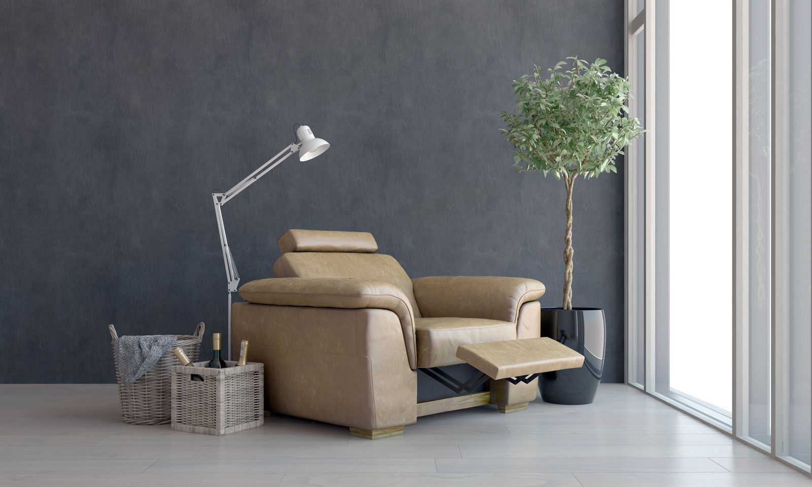 Modern living room with beige armchair, floor lamp, side table, and potted tree by a window