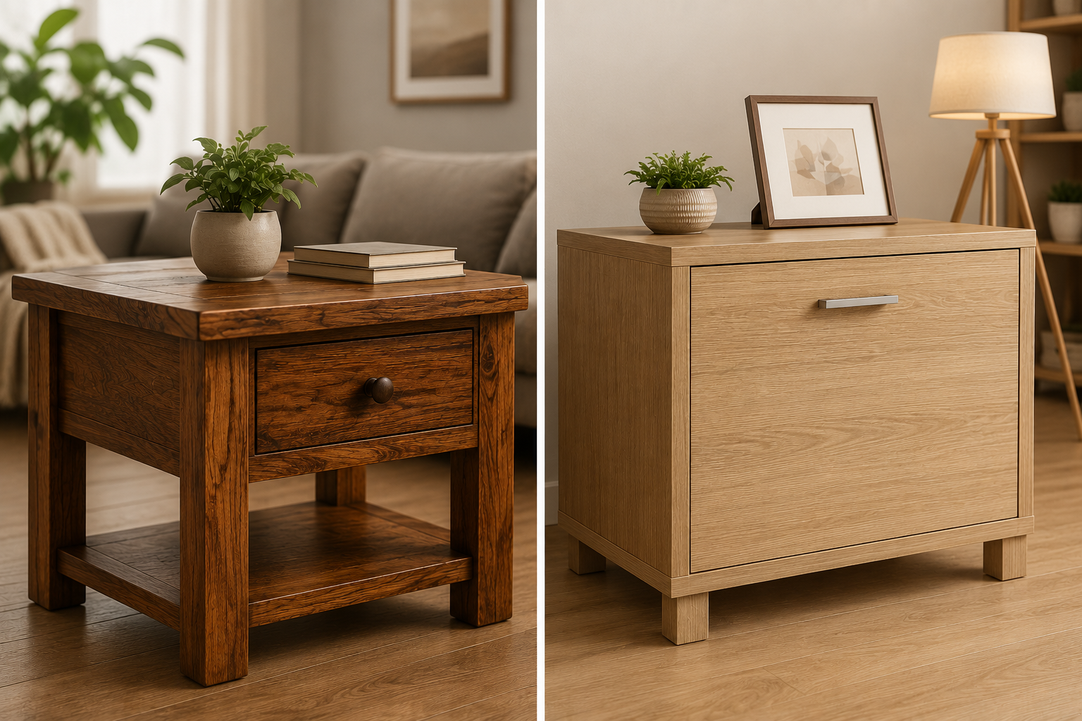 Two small wooden side tables in a cozy living room, one dark stained and one light natural wood.