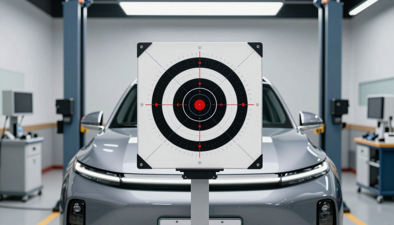 Front radar calibration target positioned in an automotive service bay