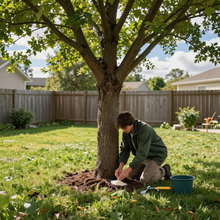 “Healthy shade tree growing in a fenced backyard with green leaves and strong branches during tree services in Eagle Mountain, UT”