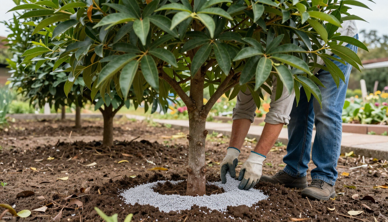 “Worker applying plant health treatment around the base of a small tree during tree services in Eagle Mountain, UT”