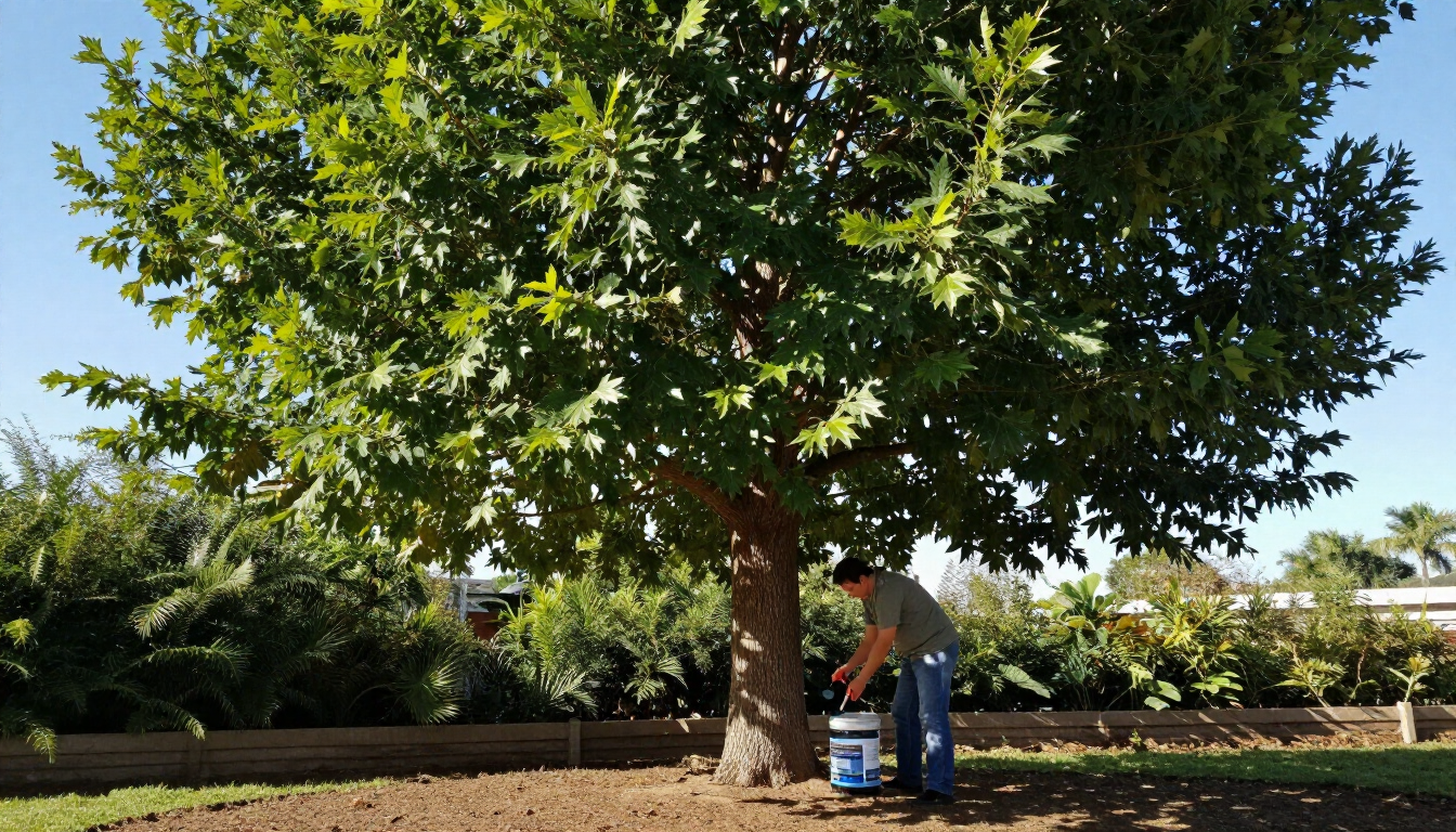 “Tree care worker tending soil beneath a large leafy tree in a landscaped yard during tree services in Eagle Mountain, UT”