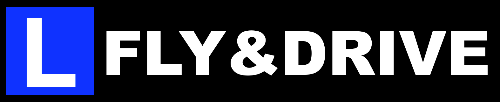 Blauw-wit FLY&DRIVE-logo met een blauw vierkant en een wit 