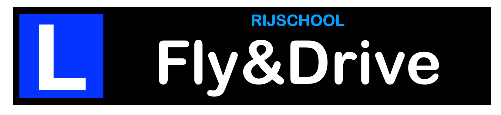 Rijschool Fly&Drive-logo met een blauw L-leerlingsymbool en witte tekst op een zwarte achtergrond.
