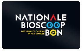 Nationaal Bioscoop Bon-logo op een donkere achtergrond met witte, rode, blauwe en gele tekst.