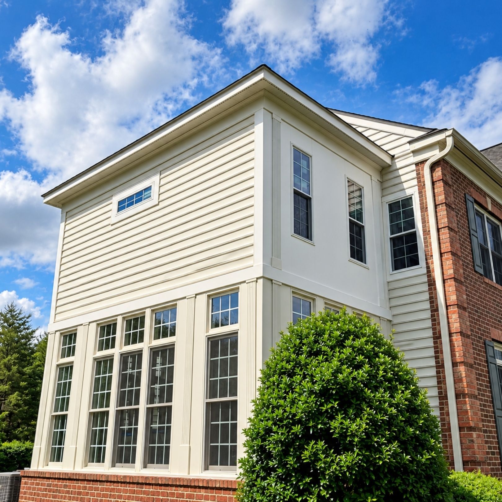 White two-story house with large windows, cream siding, and a red brick side wall under a blue sky