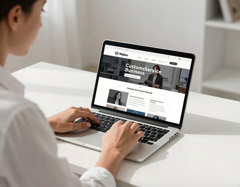 Small business owner reviewing a custom website on a laptop