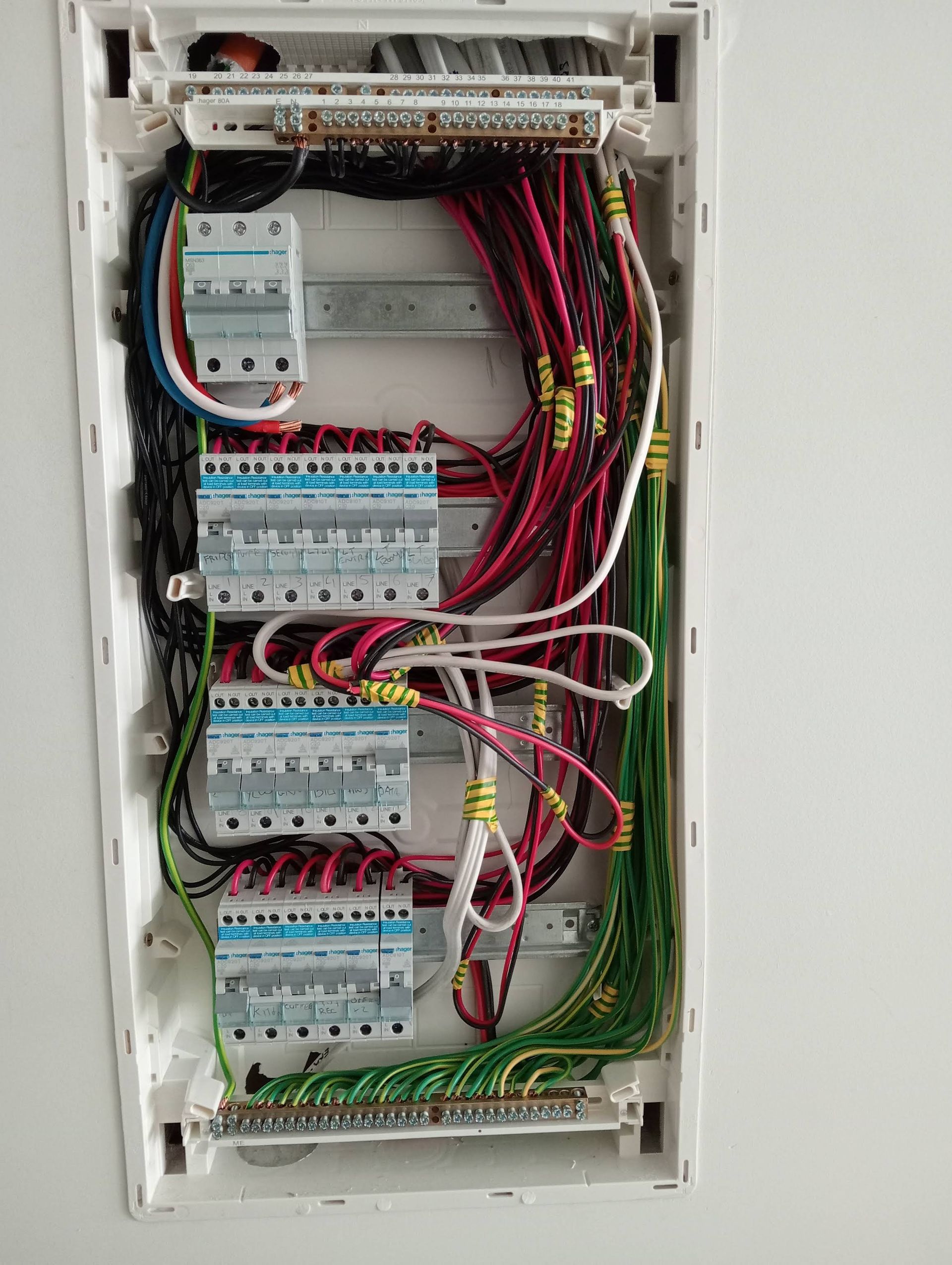 Electrical Panel With Various Colored Wires and Circuit Breakers — DC Active Electrical in Albany Creek, QLD