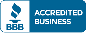 BBB Accredited Business badge with blue logo and white text on a blue background