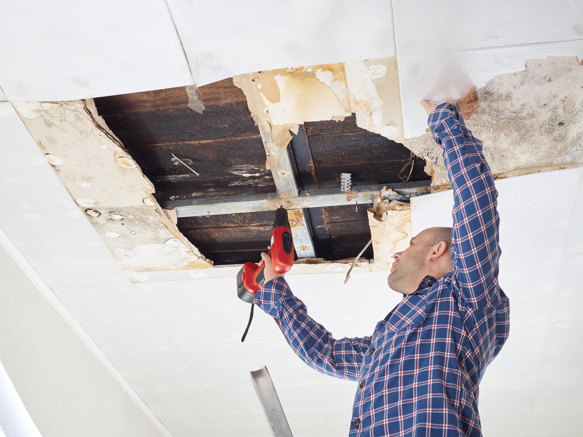 Worker repairing a damaged ceiling with a red power drill and exposed joists