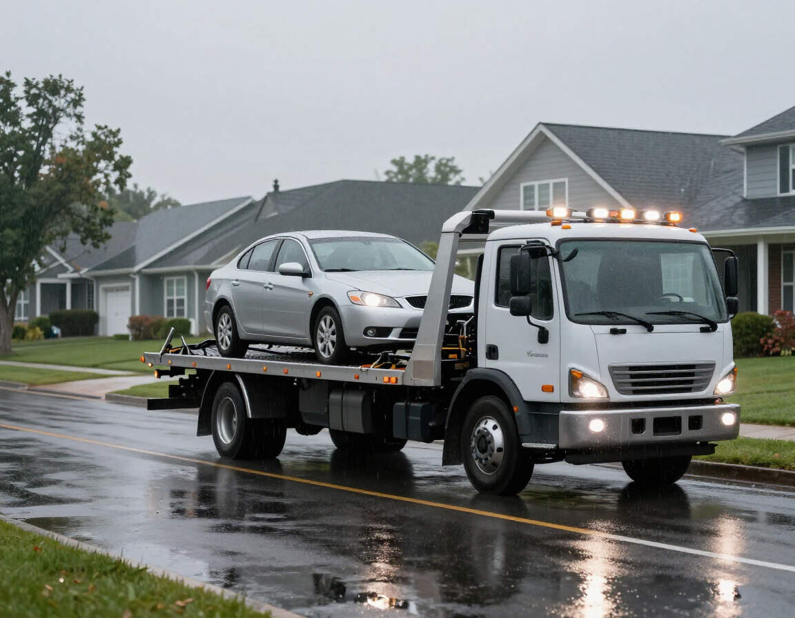 A flatbed tow truck loading a disabled sedan during a roadside recovery job in rainy weather.