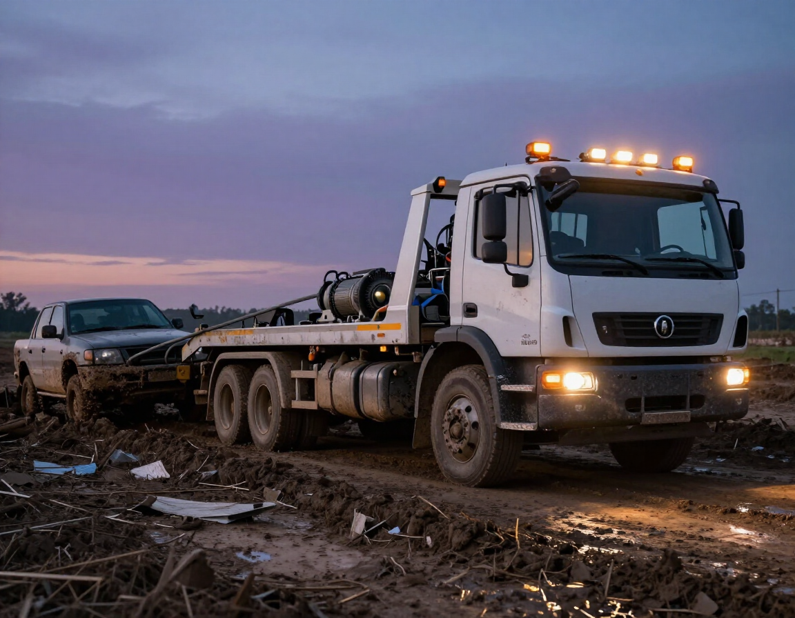 Heavy duty tow truck recovering a vehicle from a ditch with winch equipment at dusk.