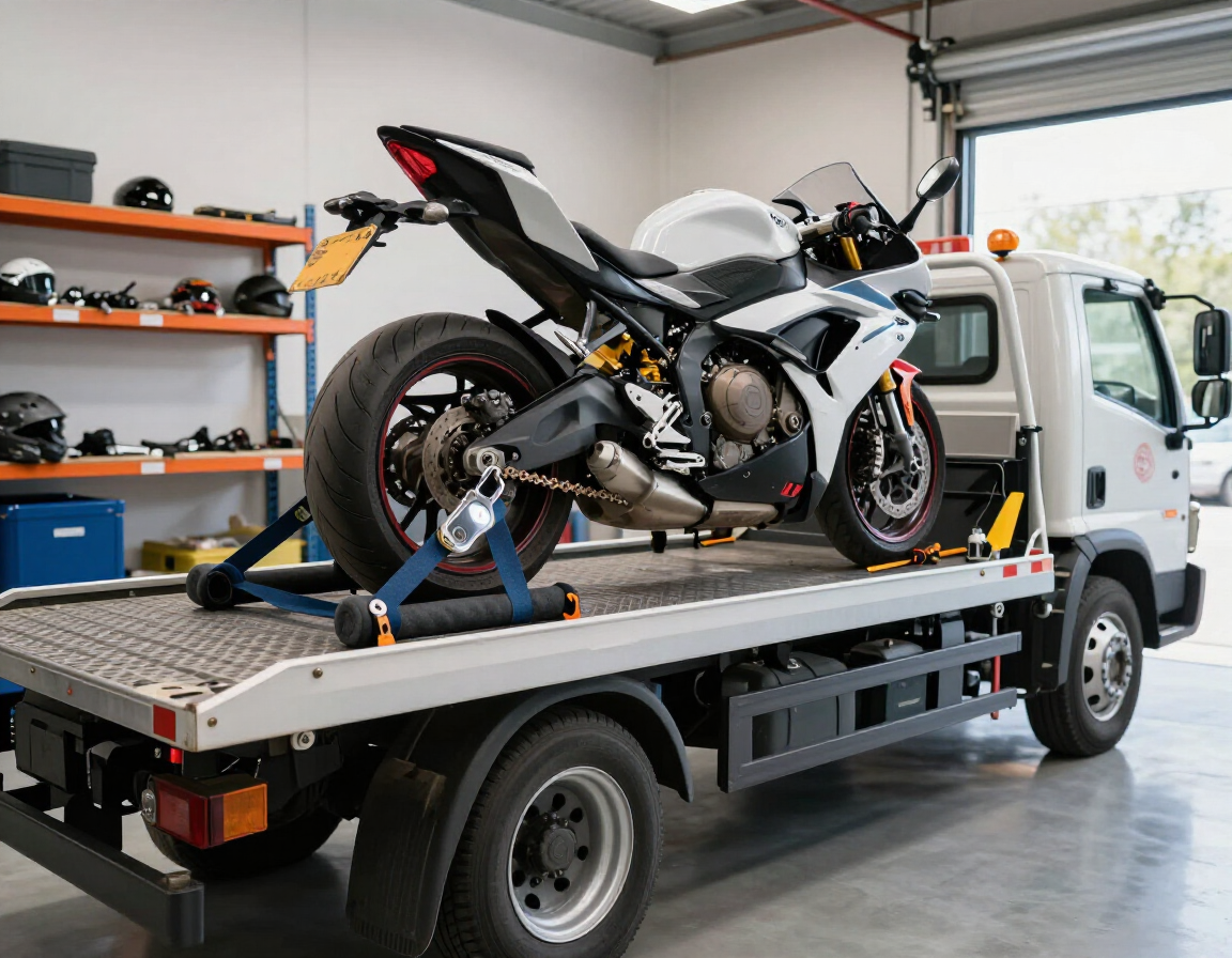 Motorcycle secured on a tow setup with protective straps and equipment.