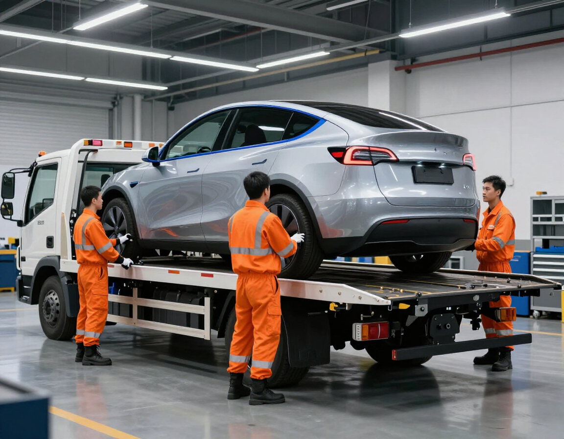 Electric vehicle being loaded carefully onto a modern flatbed tow truck.