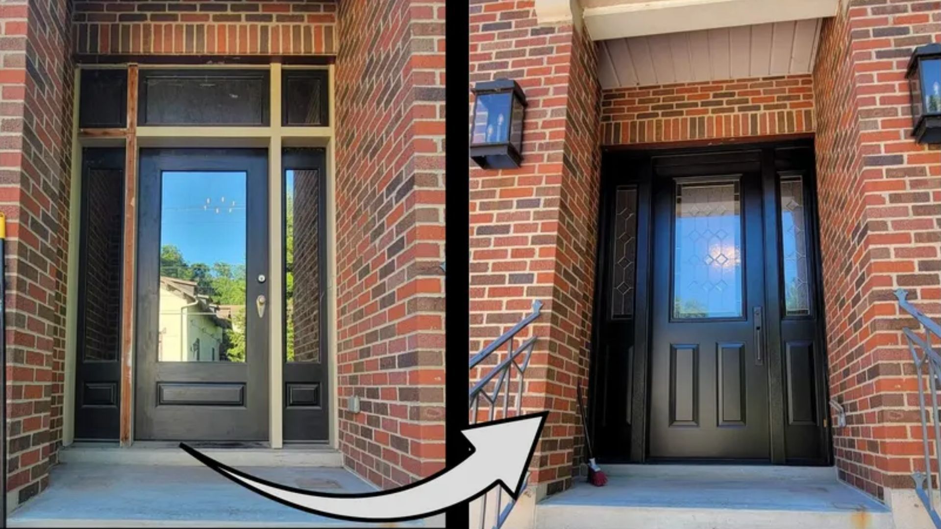 A before and after picture of a brick house with a black door.