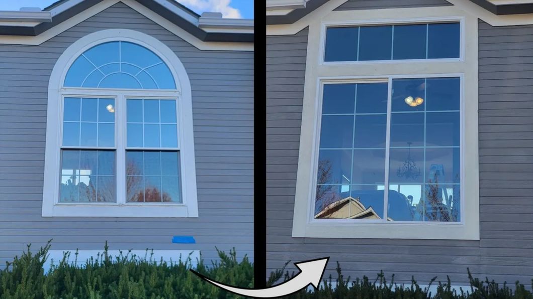 A before and after picture of a house with a broken window.
