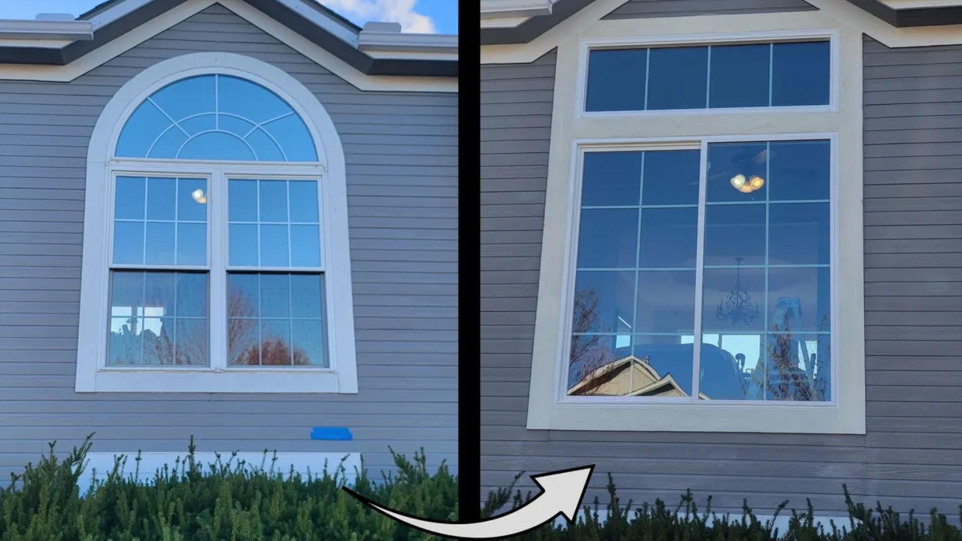 A before and after picture of a house with a new window.