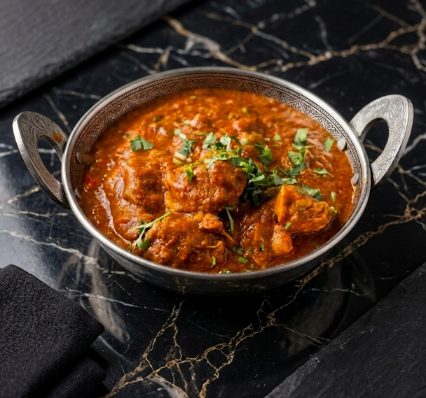 A bowl of savory, reddish-brown meat curry garnished with fresh green herbs, resting on a dark marble surface.