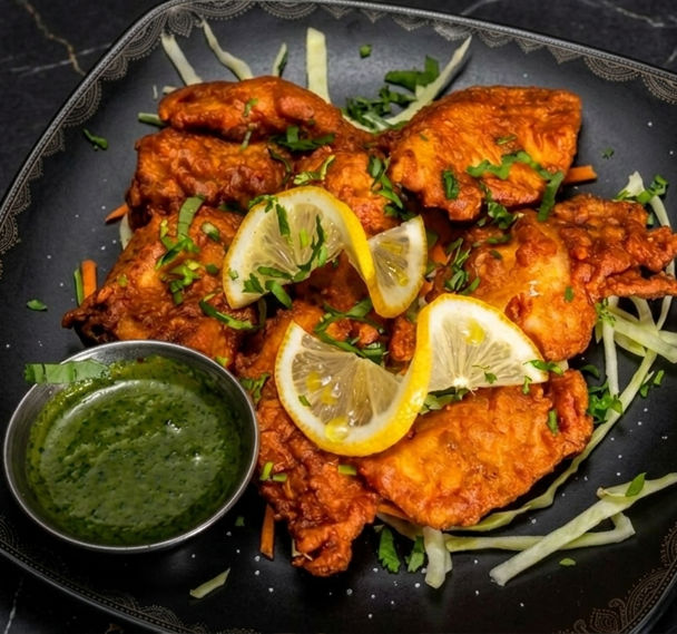 A plate of golden-fried chicken pakoras garnished with lemon slices and herbs, served with a side of green chutney.