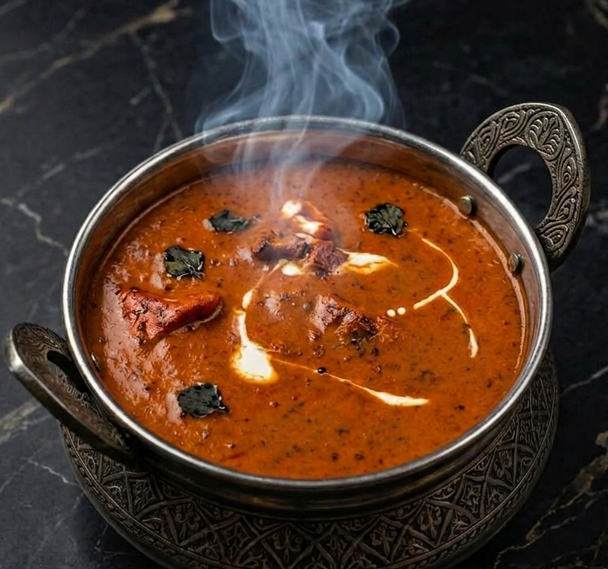 A metal bowl of steaming, rich red curry with pieces of chicken, drizzled with cream on a dark marble surface.