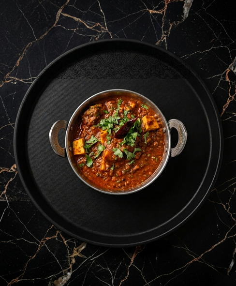 A silver metal bowl of paneer curry garnished with cilantro, served on a black round tray against a black marble table.