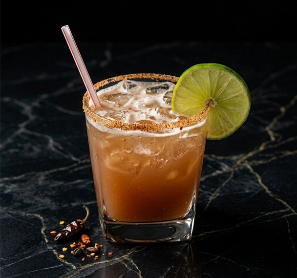 A cocktail in a chili-rimmed glass with a lime slice and straw on a dark marble surface next to dried chili peppers.
