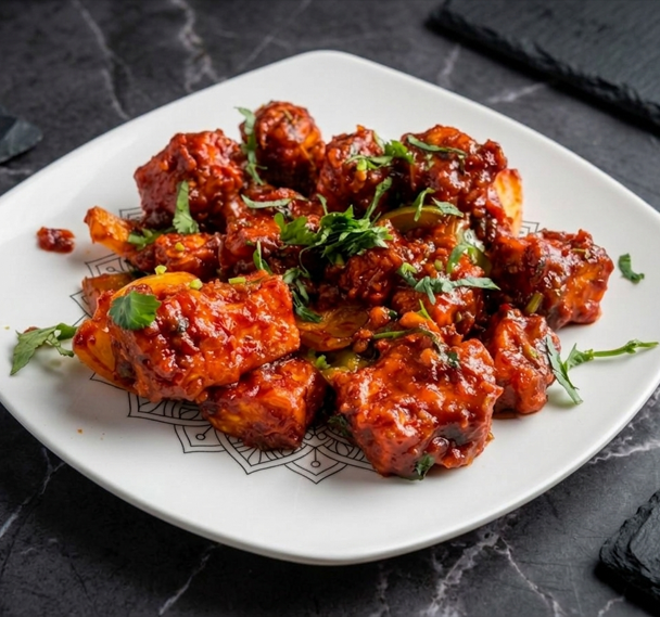 Chilli paneer cubes coated in a glossy, vibrant red sauce, garnished with fresh cilantro on a white square plate.